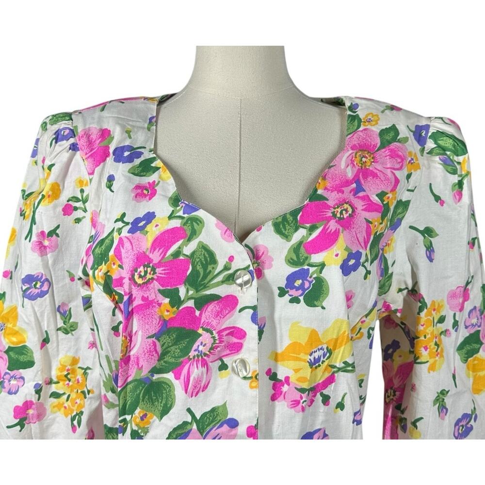 Vtg 80s Cottagecore White Pink Floral Midi Dress Drop Waist Shoulder Pads Sz 12 - Picture 3 of 11